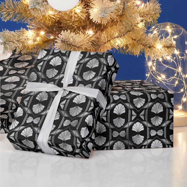 Silver and Black Floral Art Deco Pattern Wrapping Paper (Holidays)