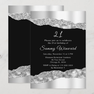 Silver and Black Glam Tears Birthday Party Invitation