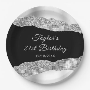 Silver and Black Glam Tears Birthday Party Paper Plate