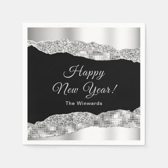 Silver and Black Glam Tears Happy New Year Napkin (Front)