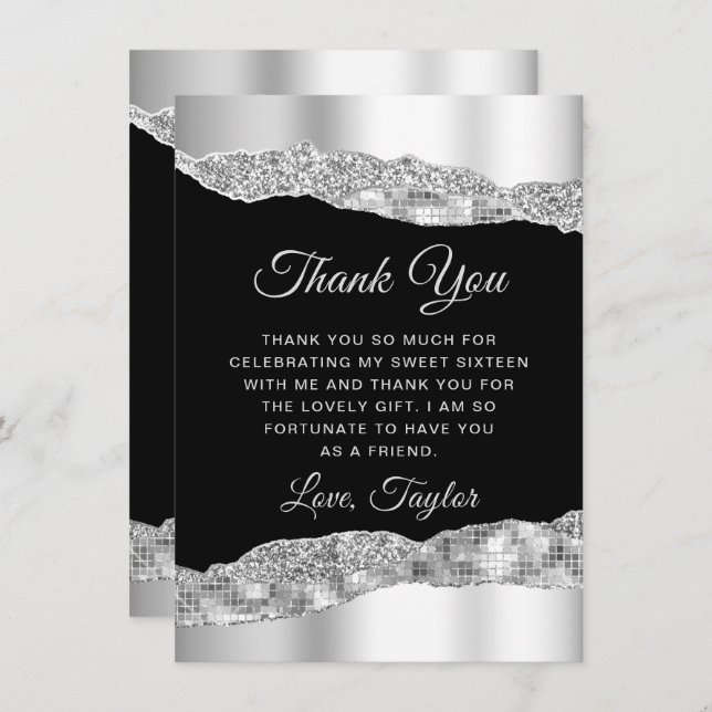 Silver and Black Glam Tears Sweet Sixteen Thank You Card (Front/Back)