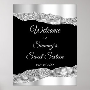 Silver and Black Glam Tears Sweet Sixteen Welcome Poster