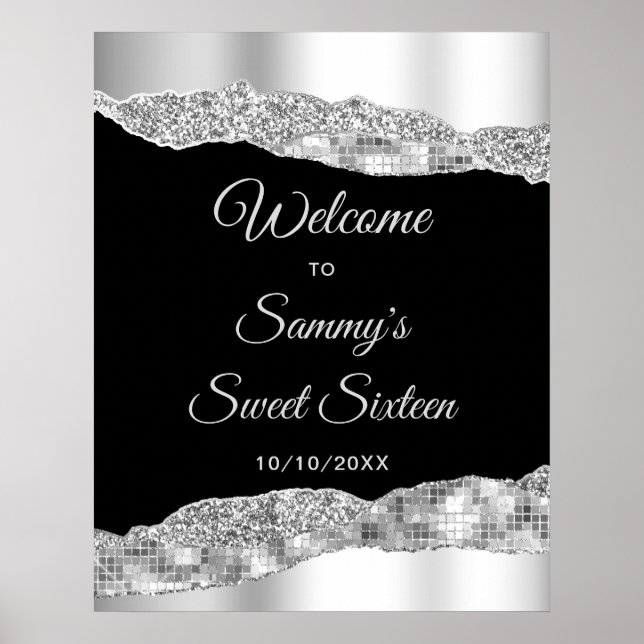 Silver and Black Glam Tears Sweet Sixteen Welcome Poster (Front)