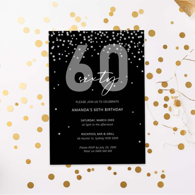 Silver and black glitter sparkle 60th birthday invitation (Creator Uploaded)