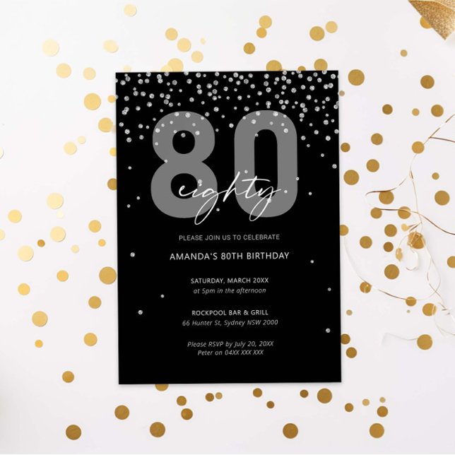 Silver and black glitter sparkle 80th birthday invitation (Creator Uploaded)