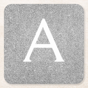 Silver and Black Glitter & Sparkle Monogram Square Paper Coaster