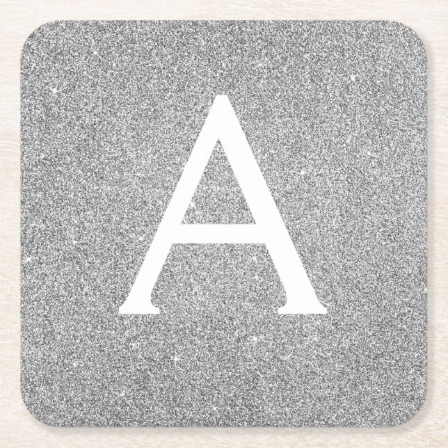 Silver and Black Glitter & Sparkle Monogram Square Paper Coaster (Front)
