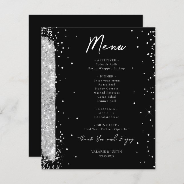 Silver and Black Glitter Wedding Menu Flyer (Front/Back)