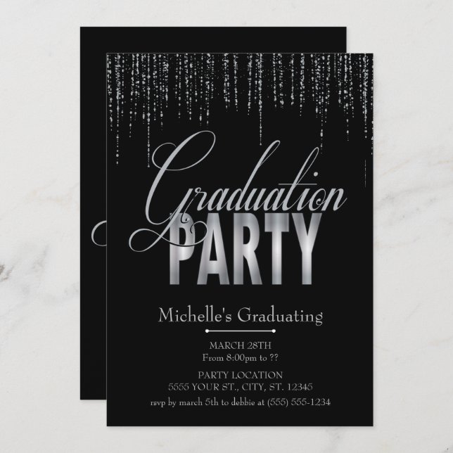 Silver and Black Graduation Party Invitations (Front/Back)