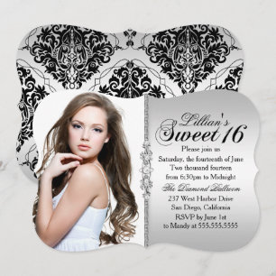 Silver and Black Jewel Damask Sweet 16 Birthday Invitation