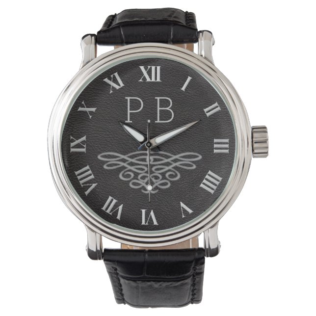 Silver and Black Monogram Men's Watch (Front)