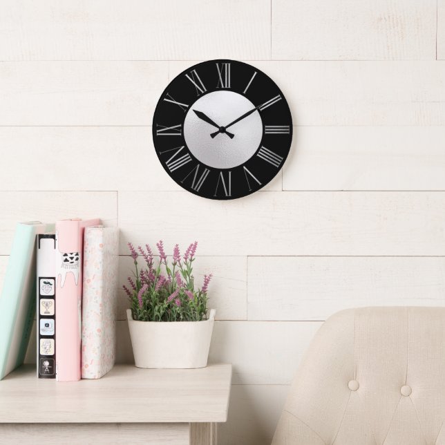 Silver and Black on SIlver Foil Large Clock (Reading Room)