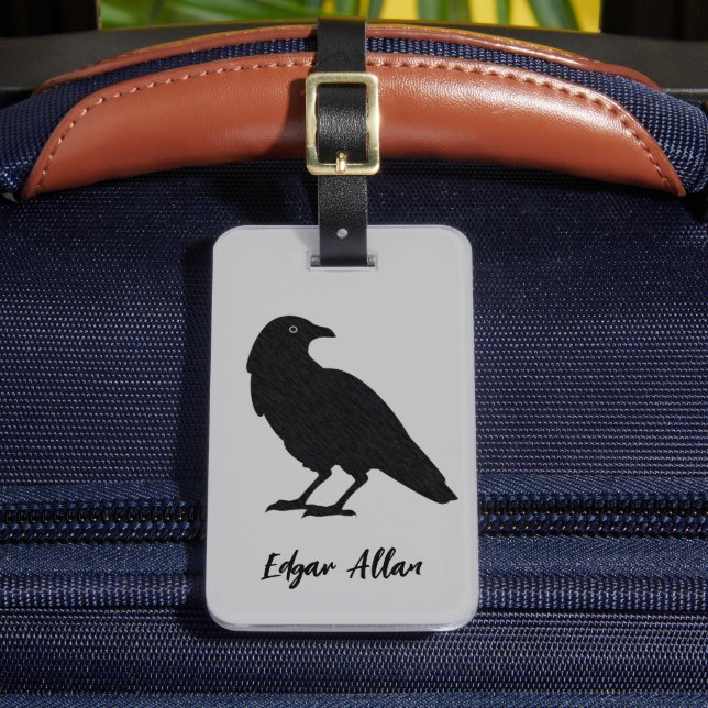 Silver and Black Personalised Luggage Tag | Raven (Front Insitu 2)