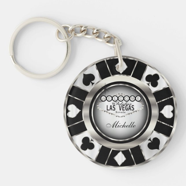 Silver and Black Poker Chip Design - Personalise Key Ring (Front)