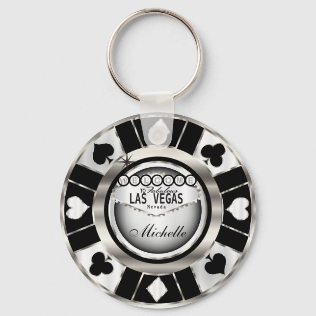 Silver and Black Poker Chip Design - Personalise Key Ring (Front)