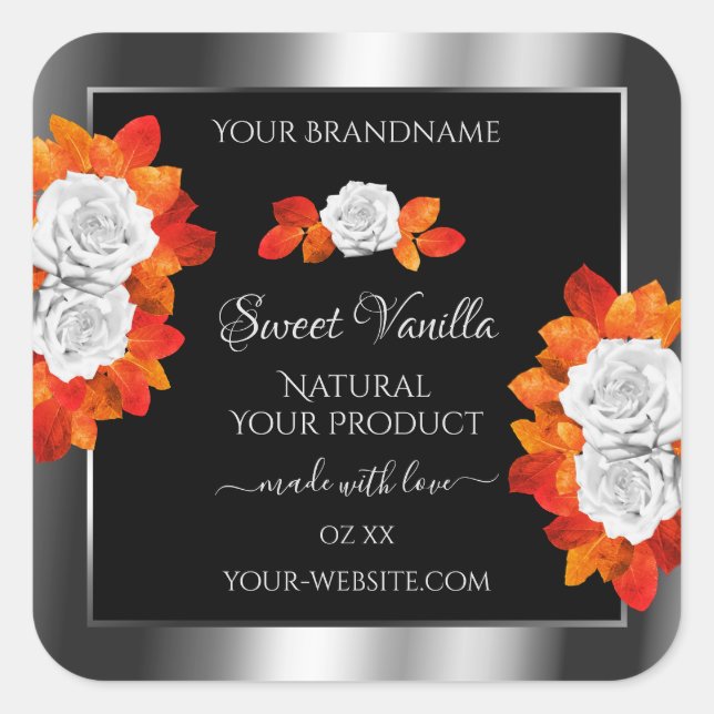 Silver and Black Product Labels Orange White Roses (Front)