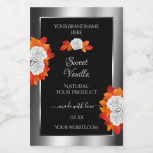Silver and Black Product Labels Orange White Roses