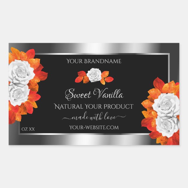 Silver and Black Product Labels Orange White Roses (Front)