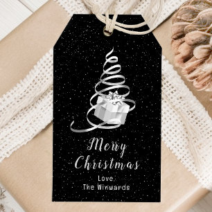 Silver and Black Ribbon Gift Merry Christmas Gift Tags