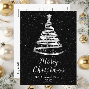 Silver and Black Ribbon Tree Merry Christmas Holiday Postcard