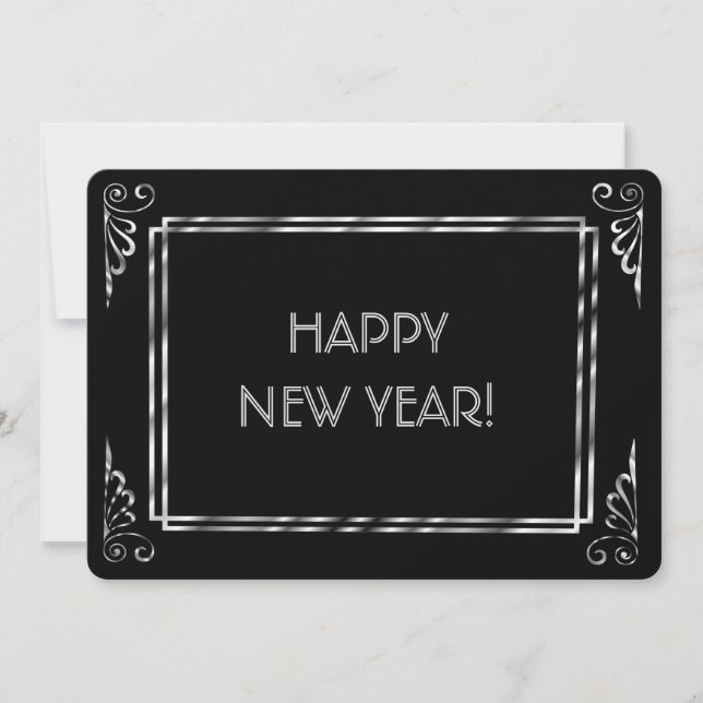 Silver and Black Roaring 20s Style Happy New Year Holiday Card (Front)