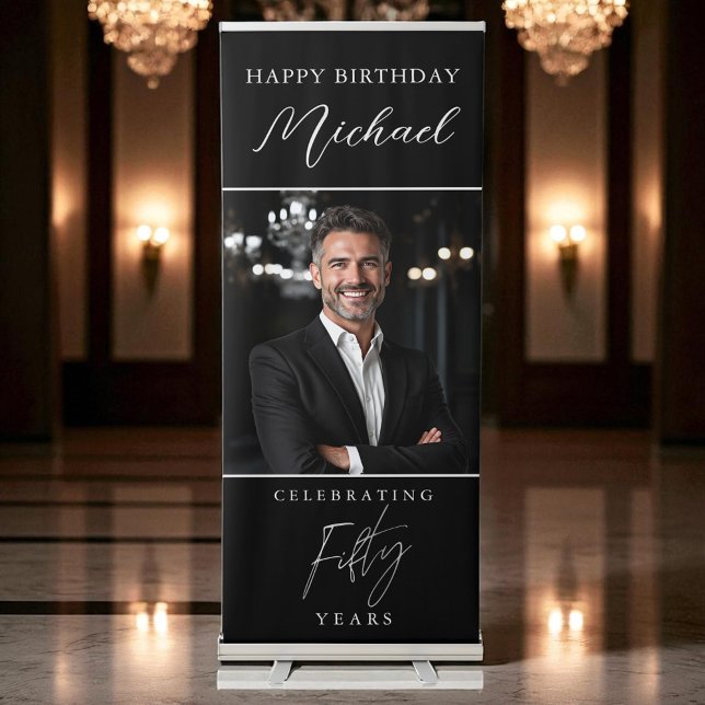 Silver and Black Script Photo 50th Birthday Retractable Banner (Creator Uploaded)