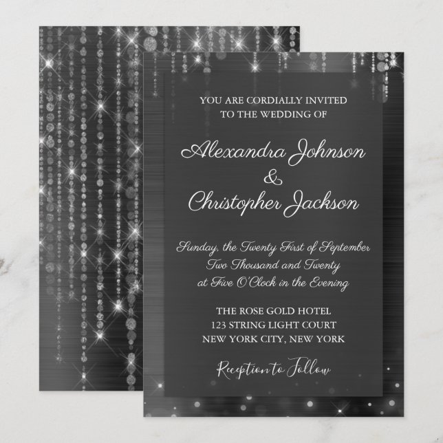 Silver and Black Sparkle Wedding Invitation (Front/Back)
