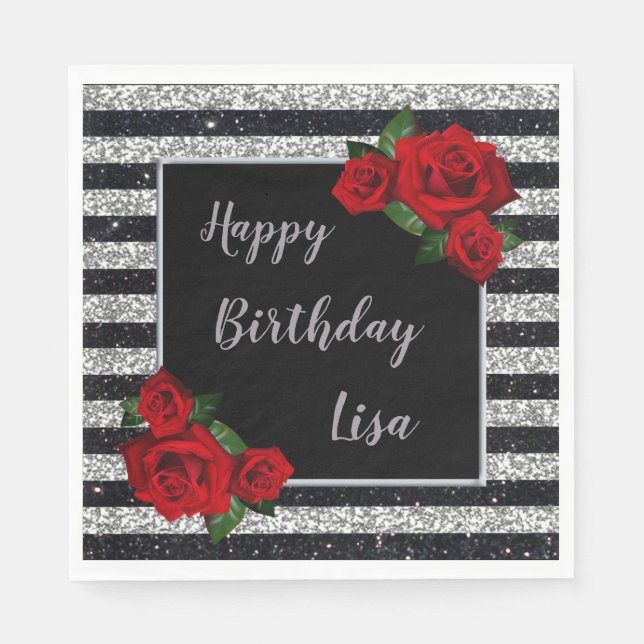 Silver And Black Stripe Glitter Red Roses Birthday Napkin (Front)