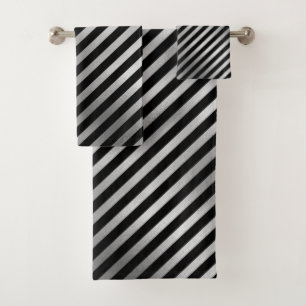 Silver and Black Stripes with Custom Name Bath Towel Set
