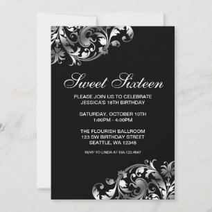 Silver and Black Swirl Flourish Sweet 16 Birthday Invitation