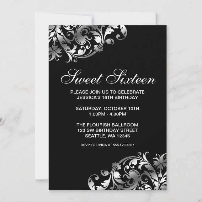 Silver and Black Swirl Flourish Sweet 16 Birthday Invitation (Front)