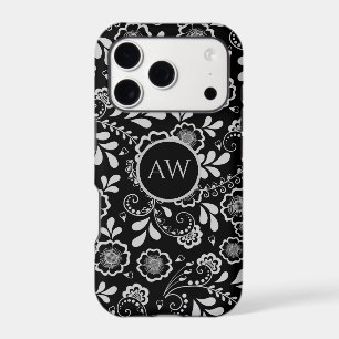 Silver and Black Victorian Floral Lace Monogram