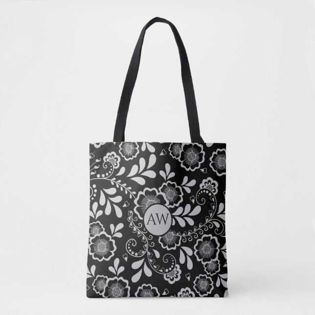 Silver and Black Victorian Lace Monogram Tote Bag (Front)