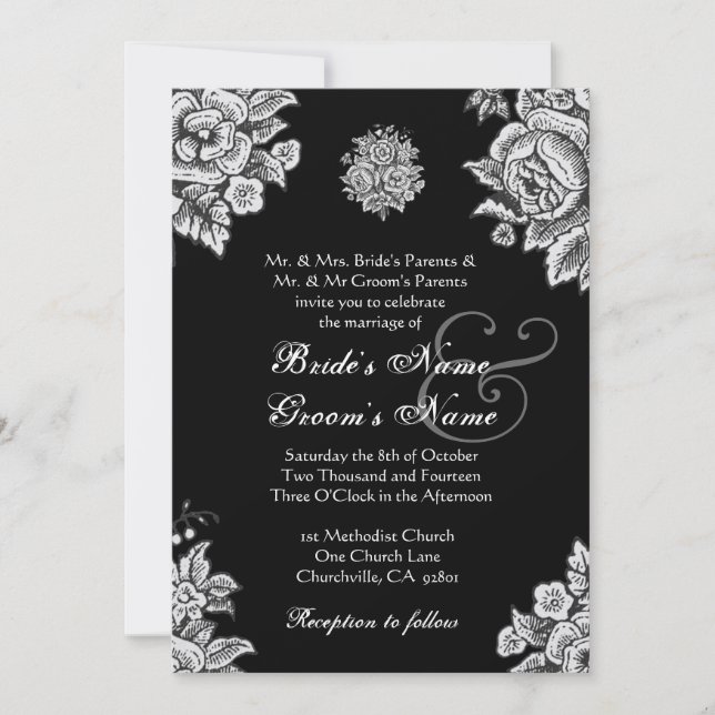 Silver and Black Vintage Flowers Wedding Invitation (Front)