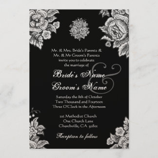 Silver and Black Vintage Flowers Wedding Invitation