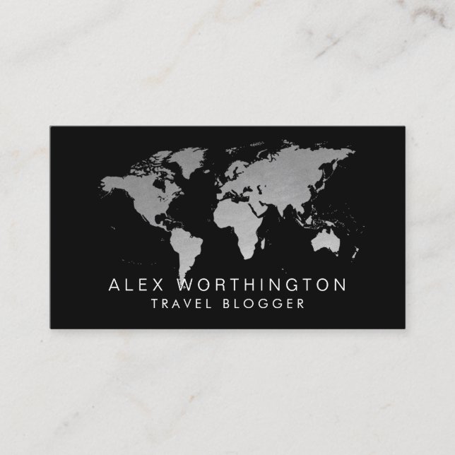Silver and Black World Map International Travel Business Card (Front)
