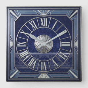 Silver and Blue Art Deco Luxury Brushed Square Wall Clock