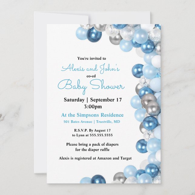 Silver and Blue Balloon Baby Shower Invitation (Front)