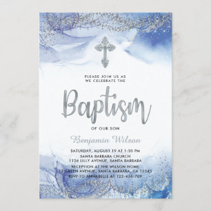 Silver And Blue Boy Baptism Invitation
