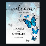 Silver and Blue Butterfly Welcome Wedding Poster<br><div class="desc">Greet your guests as they arrive to your Big Day with a beautiful blue butterfly welcome wedding poster sign! The watercolor art by Raphaela Wilson features an arch of flying blue butterflies with silver and black accents. The background design is a sparkling mix of light grey, turquoise and white stone....</div>