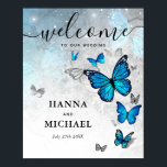 Silver and Blue Butterfly Welcome Wedding Poster<br><div class="desc">Greet your guests as they arrive to your Big Day with a beautiful blue butterfly welcome wedding poster sign! The watercolor art by Raphaela Wilson features an arch of flying blue butterflies with silver and black accents. The background design is a sparkling mix of light grey, turquoise and white stone....</div>
