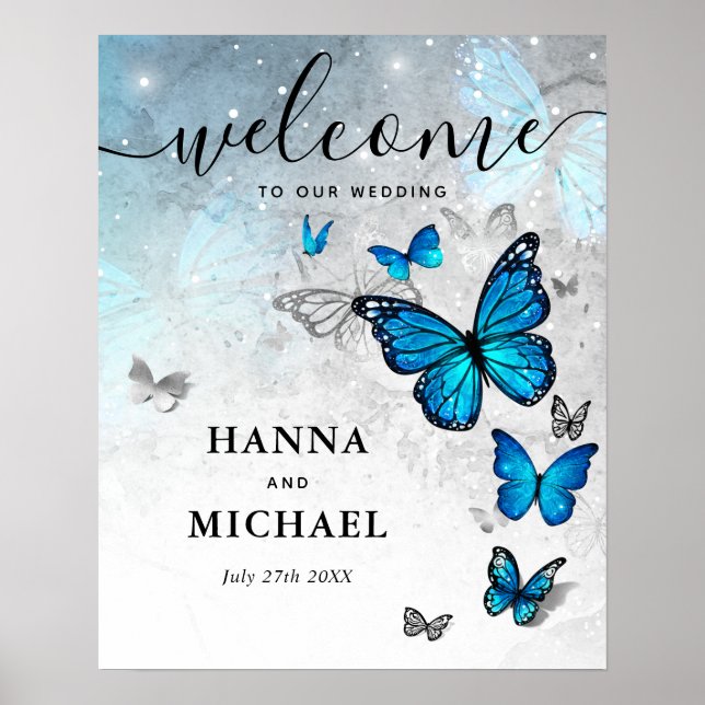 Silver and Blue Butterfly Welcome Wedding Poster (Front)