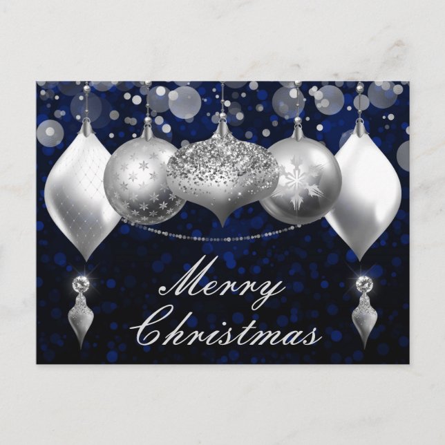 Silver and Blue Christmas Baubles Ornaments Holiday Postcard (Front)
