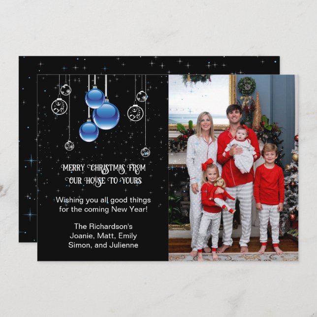 Silver and Blue Christmas Ornaments Sparkle Photo Holiday Card (Front/Back)
