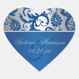 Silver and Blue Damask Heart Shaped Sticker