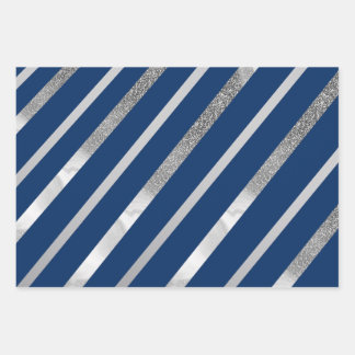 Silver and Blue Diagonal Stripes Pattern  Wrapping Paper Sheet