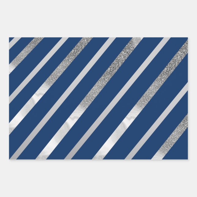 Silver and Blue Diagonal Stripes Pattern  Wrapping Paper Sheet (Front)