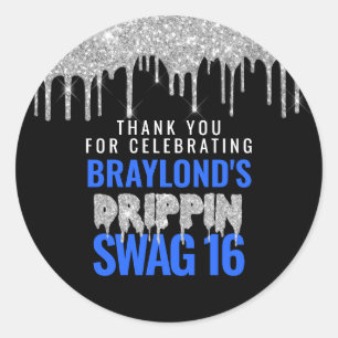 Silver and Blue Drippin Swag 16 Birthday  Classic Round Sticker