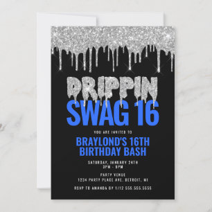 Silver and Blue Drippin Swag 16 Birthday Invitation