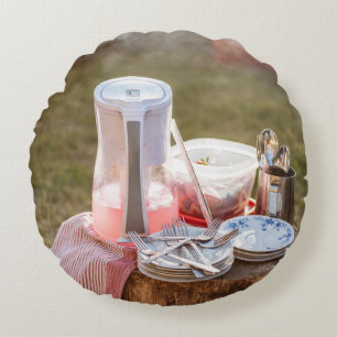 Silver-and-blue floral ceramic plates and pitcher round cushion